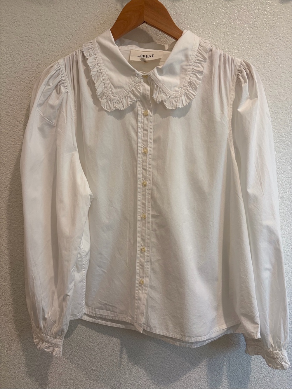 THE GREAT. White Ruffled-Collar Button Front Blouse - Picture 2 of 8